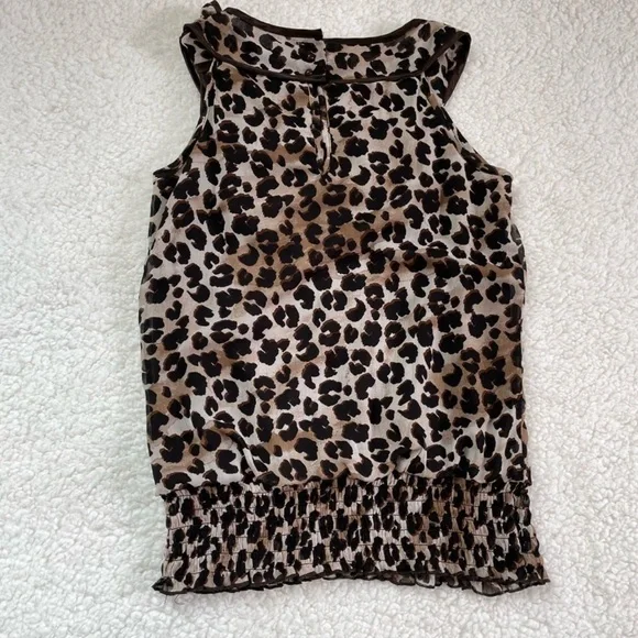 Leopard Print Ruffle Sheer Blouse Sleeveless High Neck Bow Animal Print — Size S - Picture 6 of 14